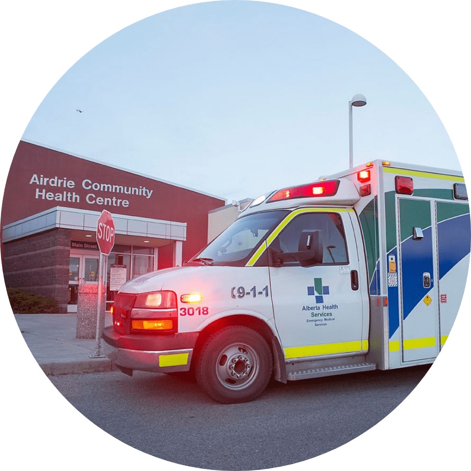 A picture of an ambulance outside of the Airdrie Community Health Centre