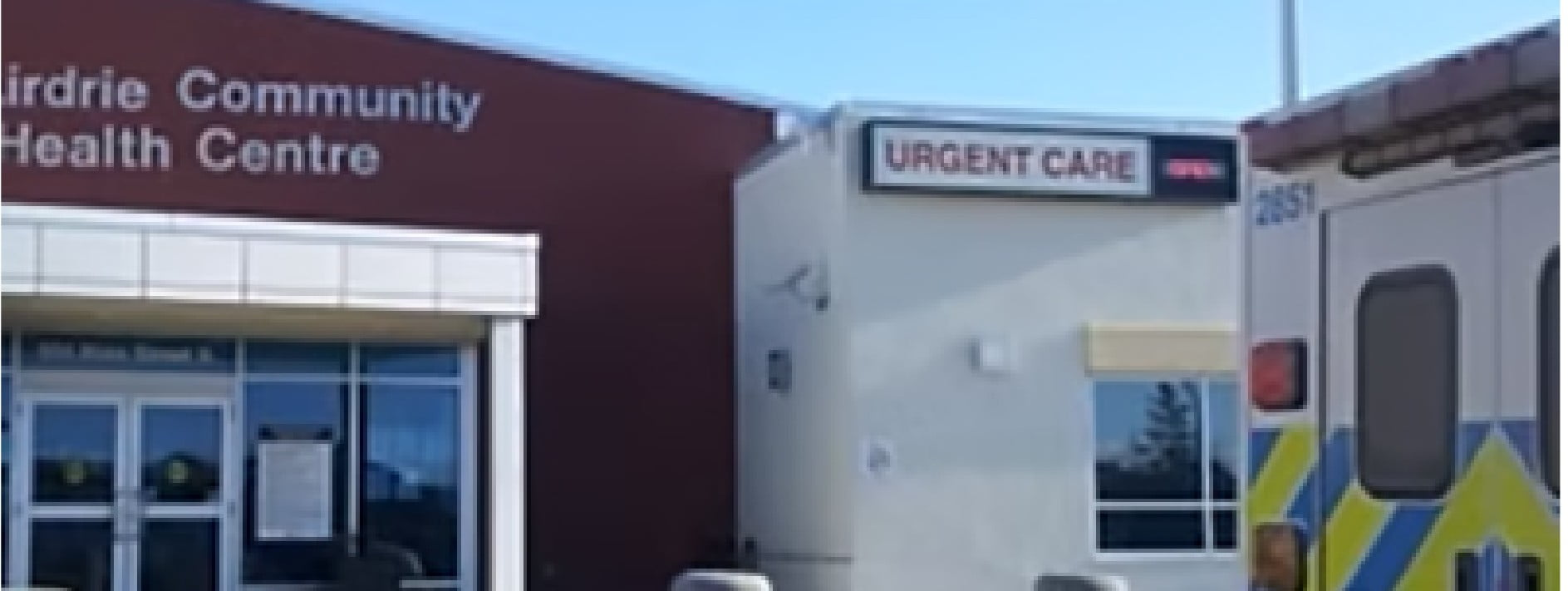 A picture of an ambulance outside of the Airdrie Community Health Centre